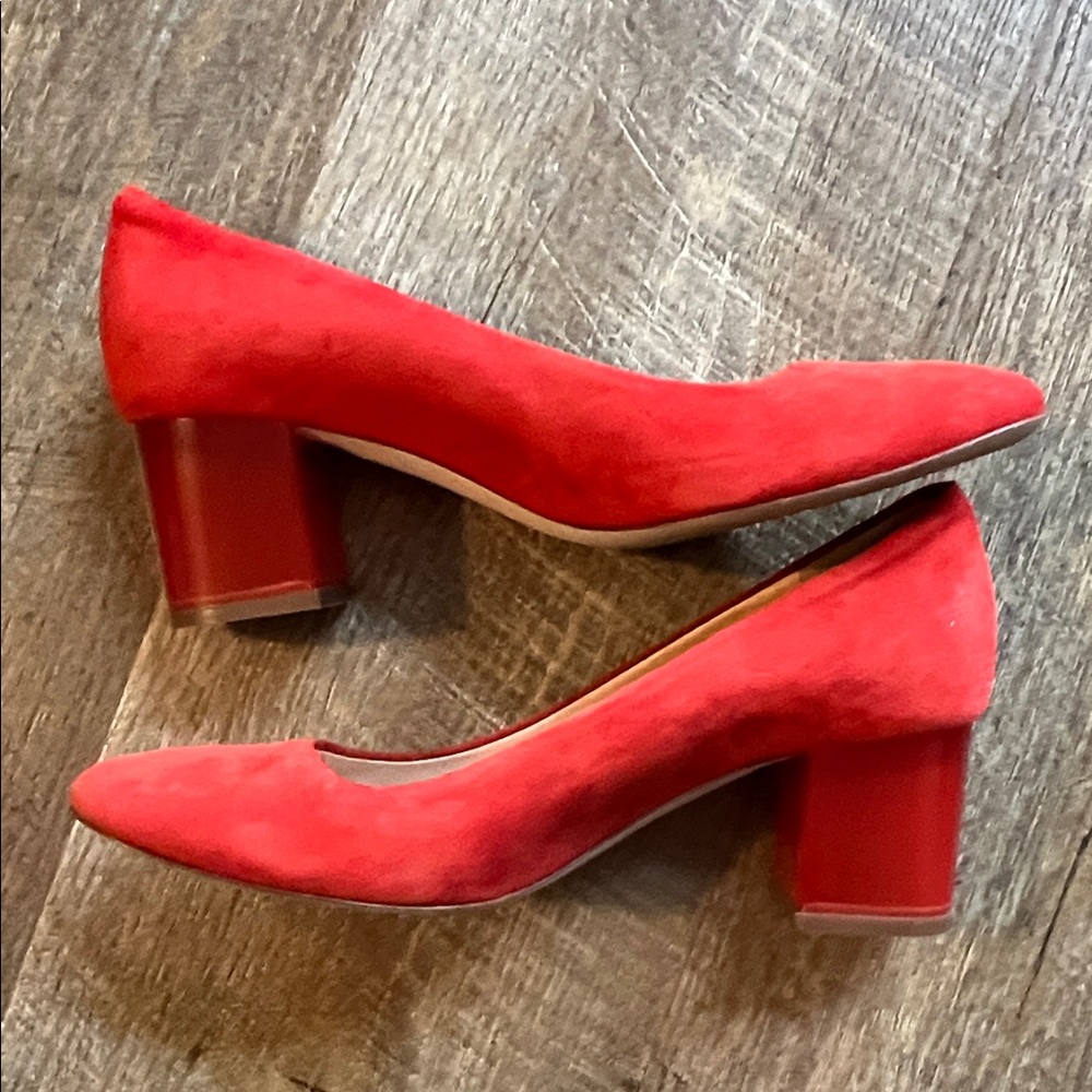 J. Crew Women's Vibrant Red Suede Heels Shoes With Acrylic Transparent Heel